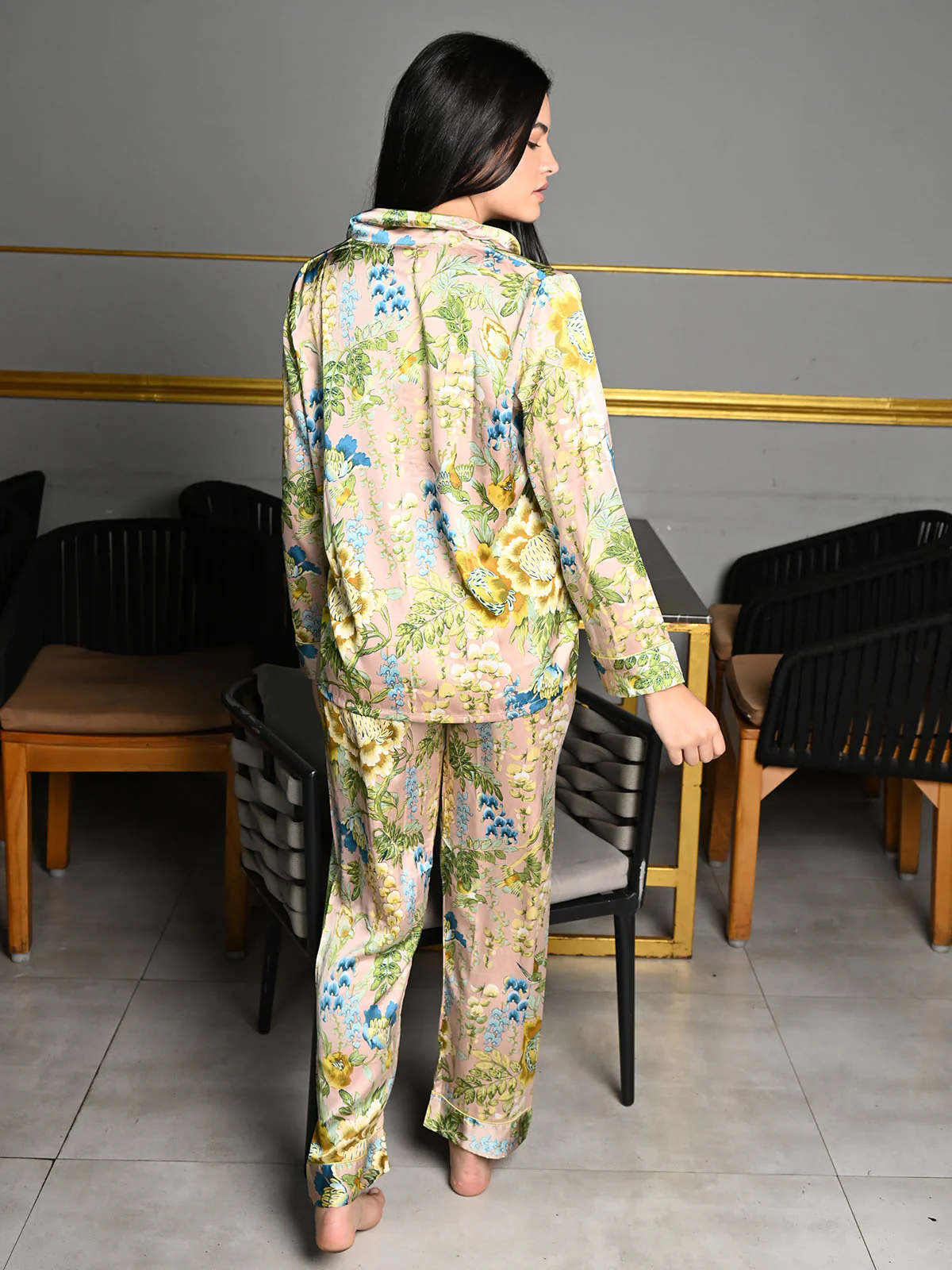 Odette Light Green Satin Printed Night Wear Set For Women - Image 4
