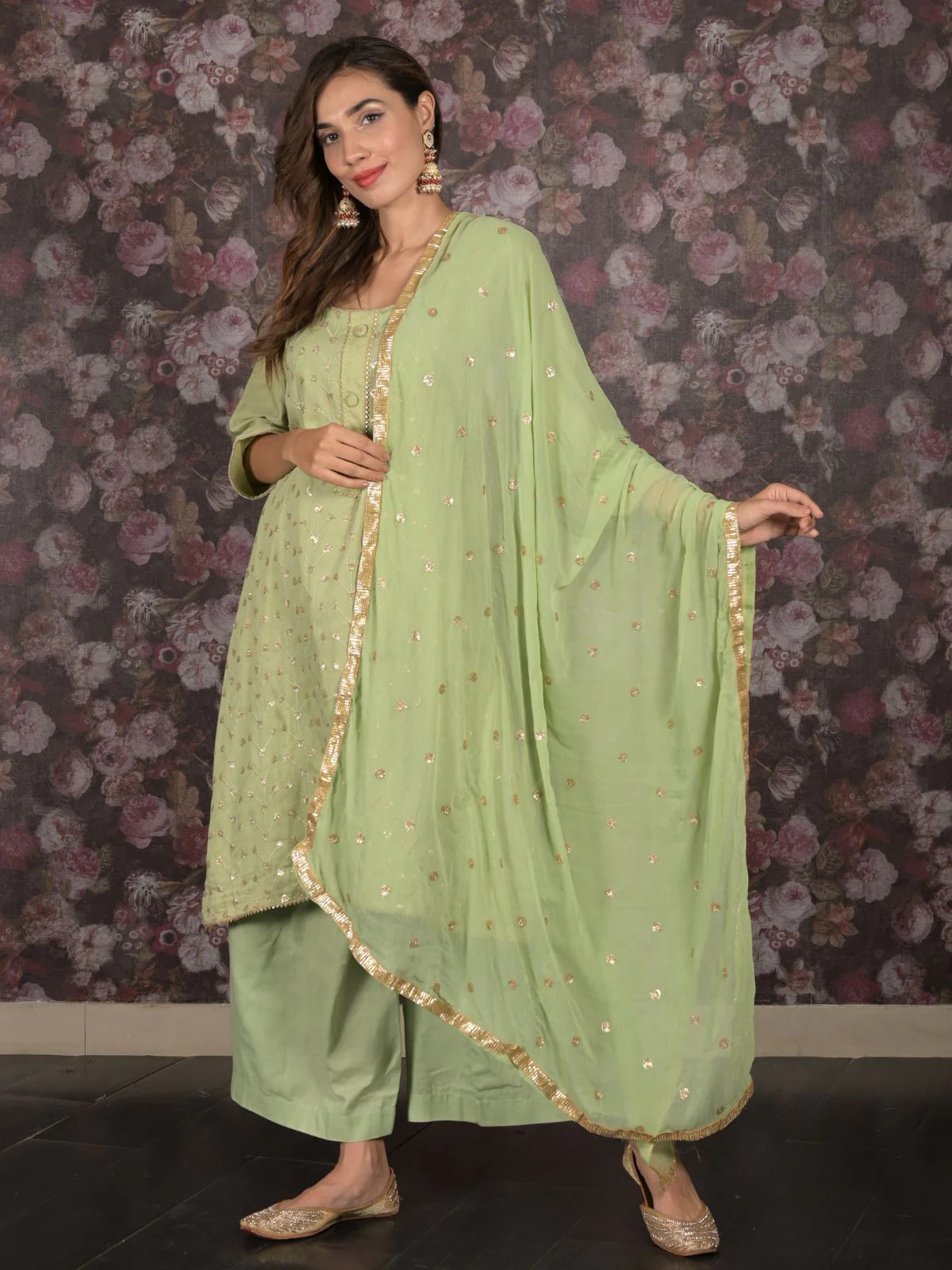 Odette Light Green Sequins Embroidered Cotton Stitched Kurta Set for Women - Image 2