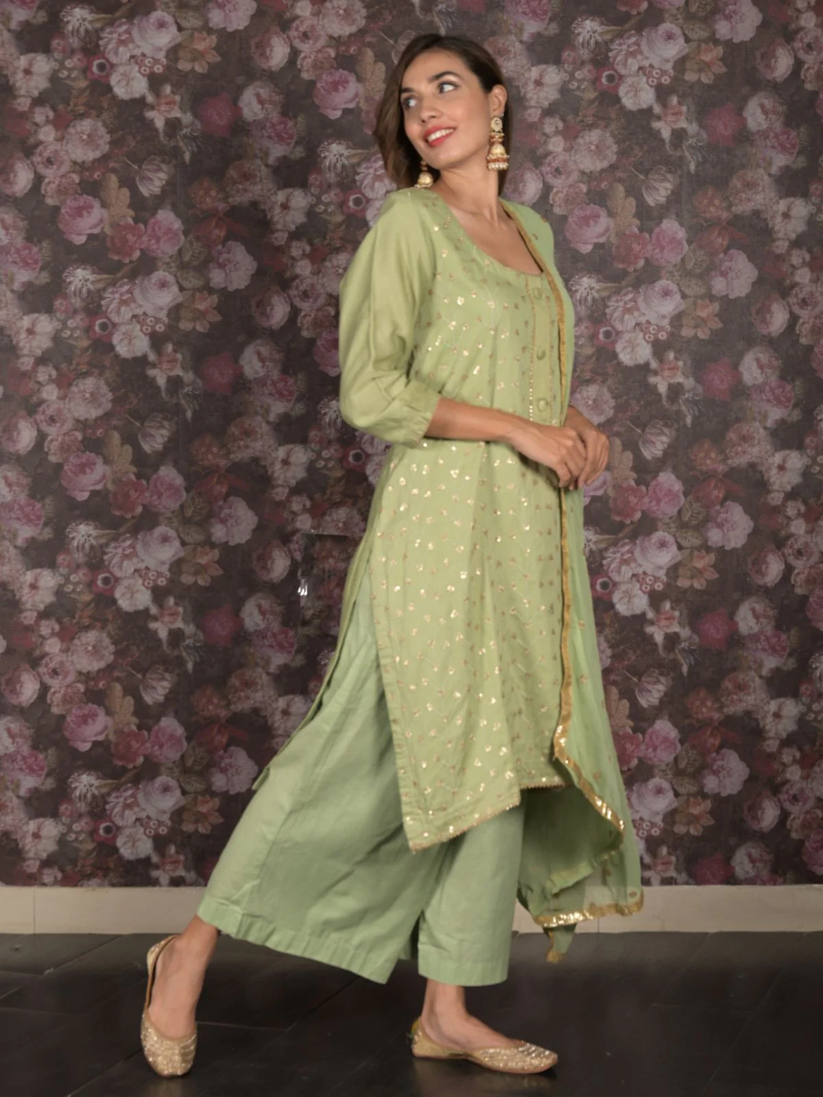 Odette Light Green Sequins Embroidered Cotton Stitched Kurta Set for Women - Image 3