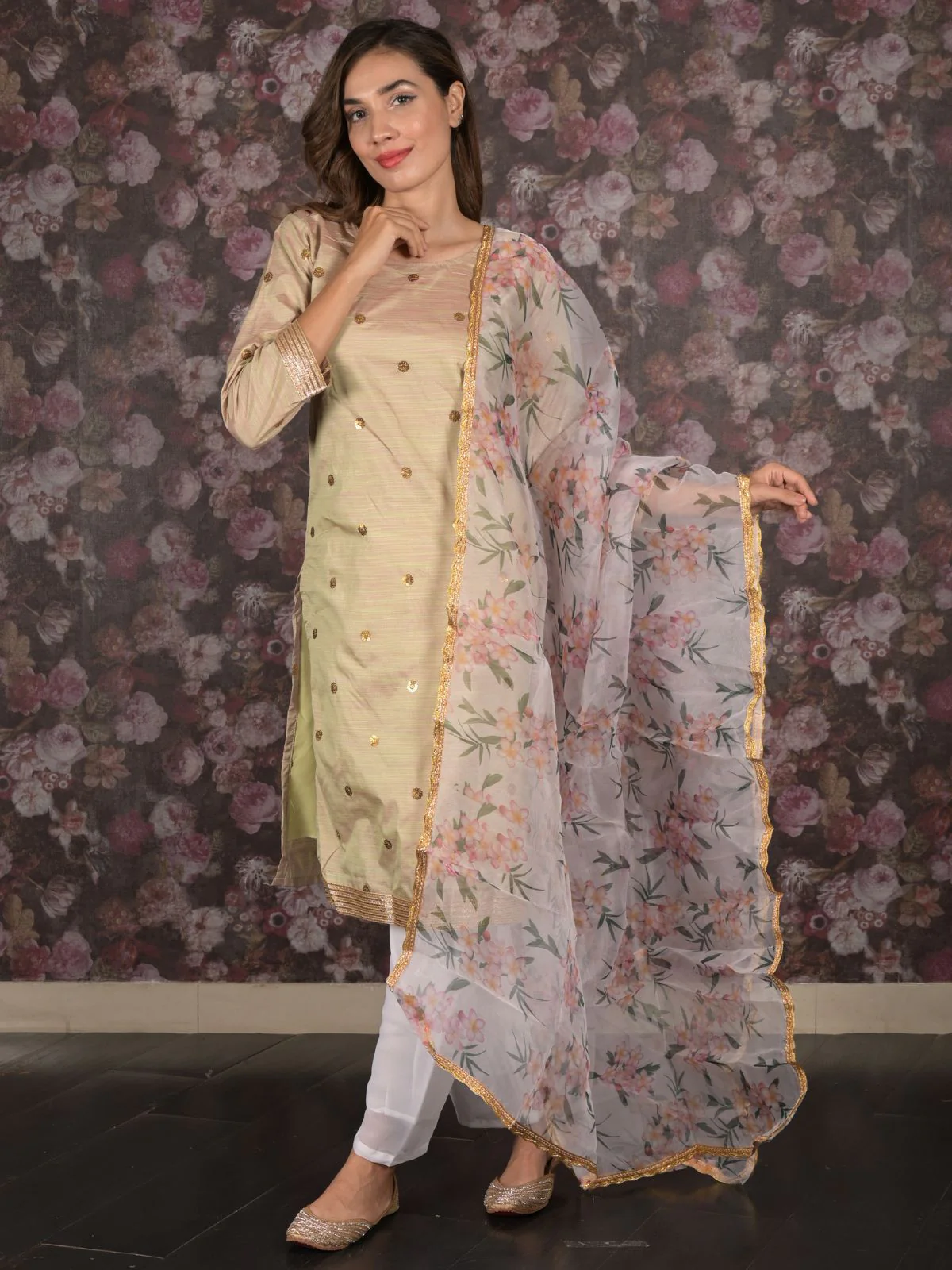Odette Light Green Sequins Embroidered Silk Bend Stitched Kurta Set for Women - Image 2
