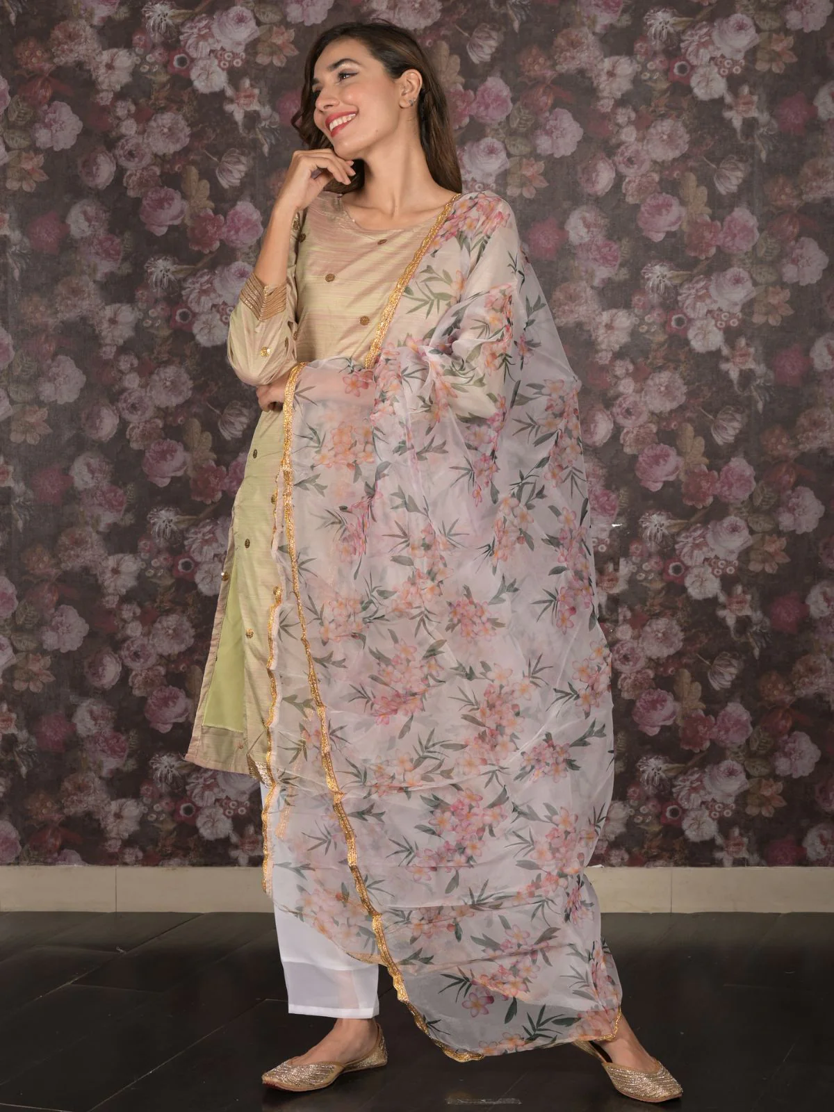 Odette Light Green Sequins Embroidered Silk Bend Stitched Kurta Set for Women - Image 3