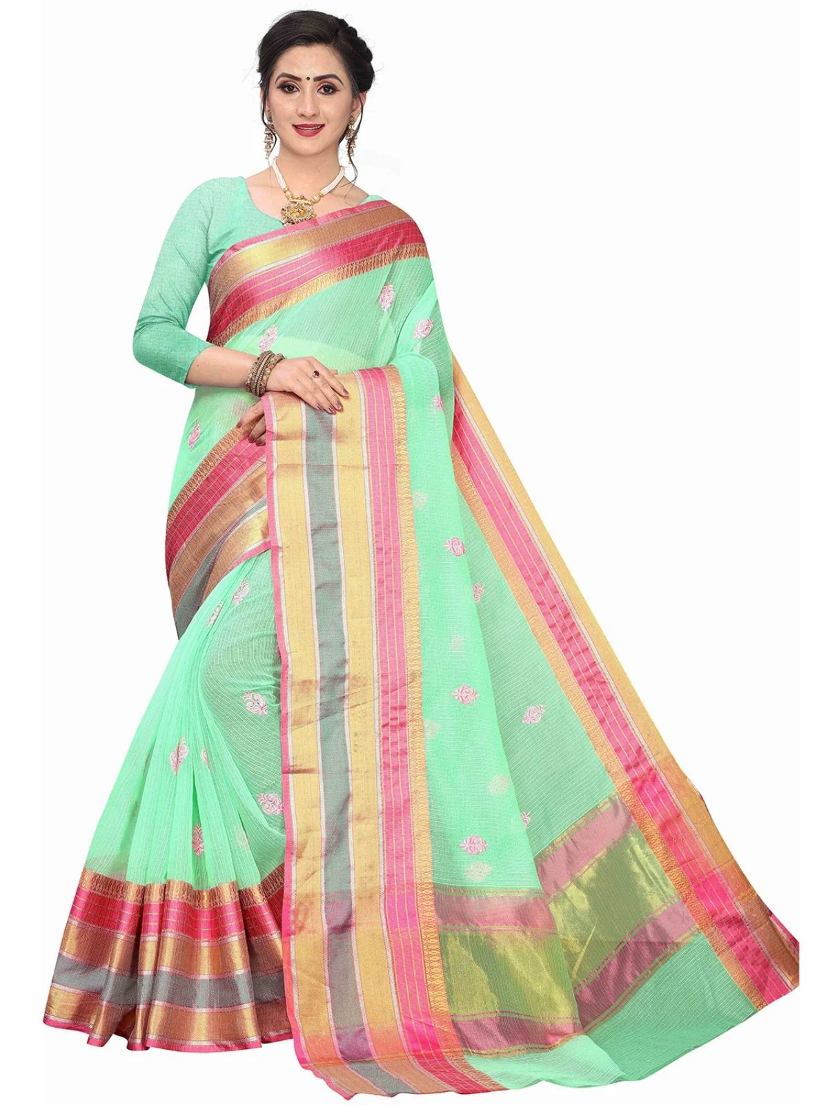 Odette Light Green Silk Blend Embellished Saree For Women