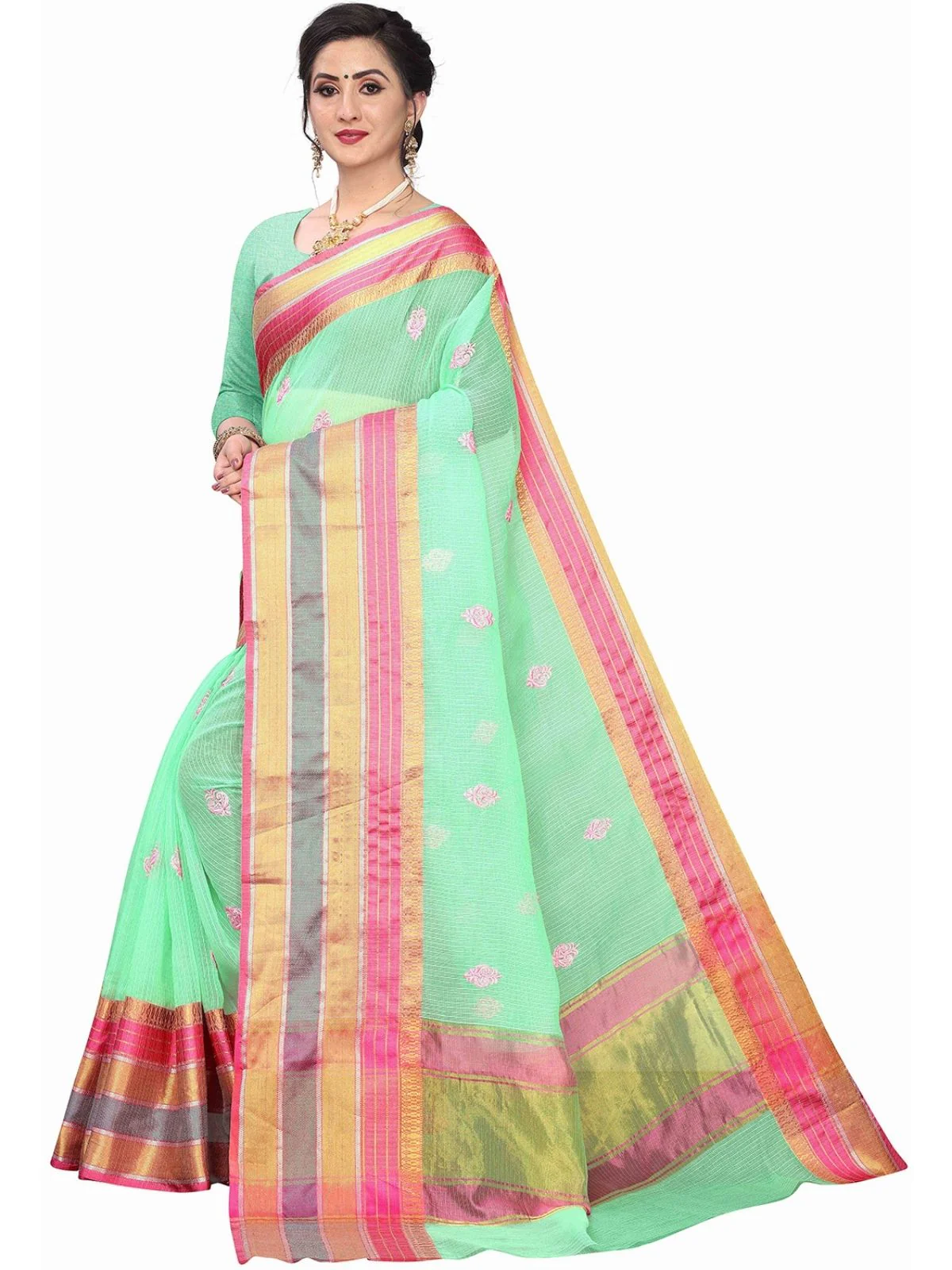 Odette Light Green Silk Blend Embellished Saree For Women - Image 3