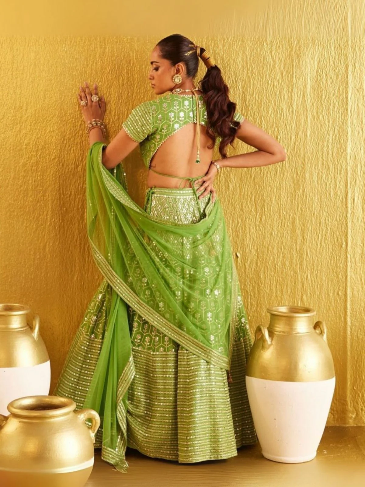 Odette Light Green Silk Blend Embellished Semi-Stitched Lehenga For Women - Image 2