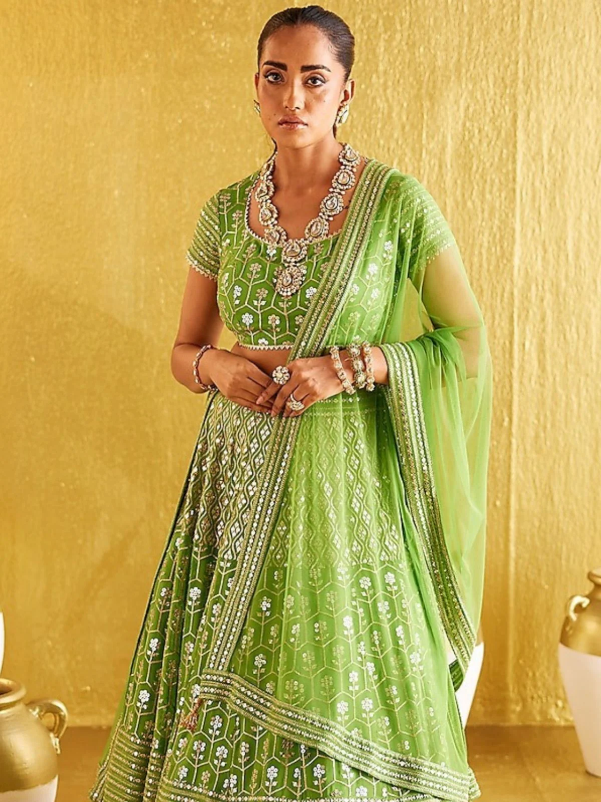 Odette Light Green Silk Blend Embellished Semi-Stitched Lehenga For Women - Image 3