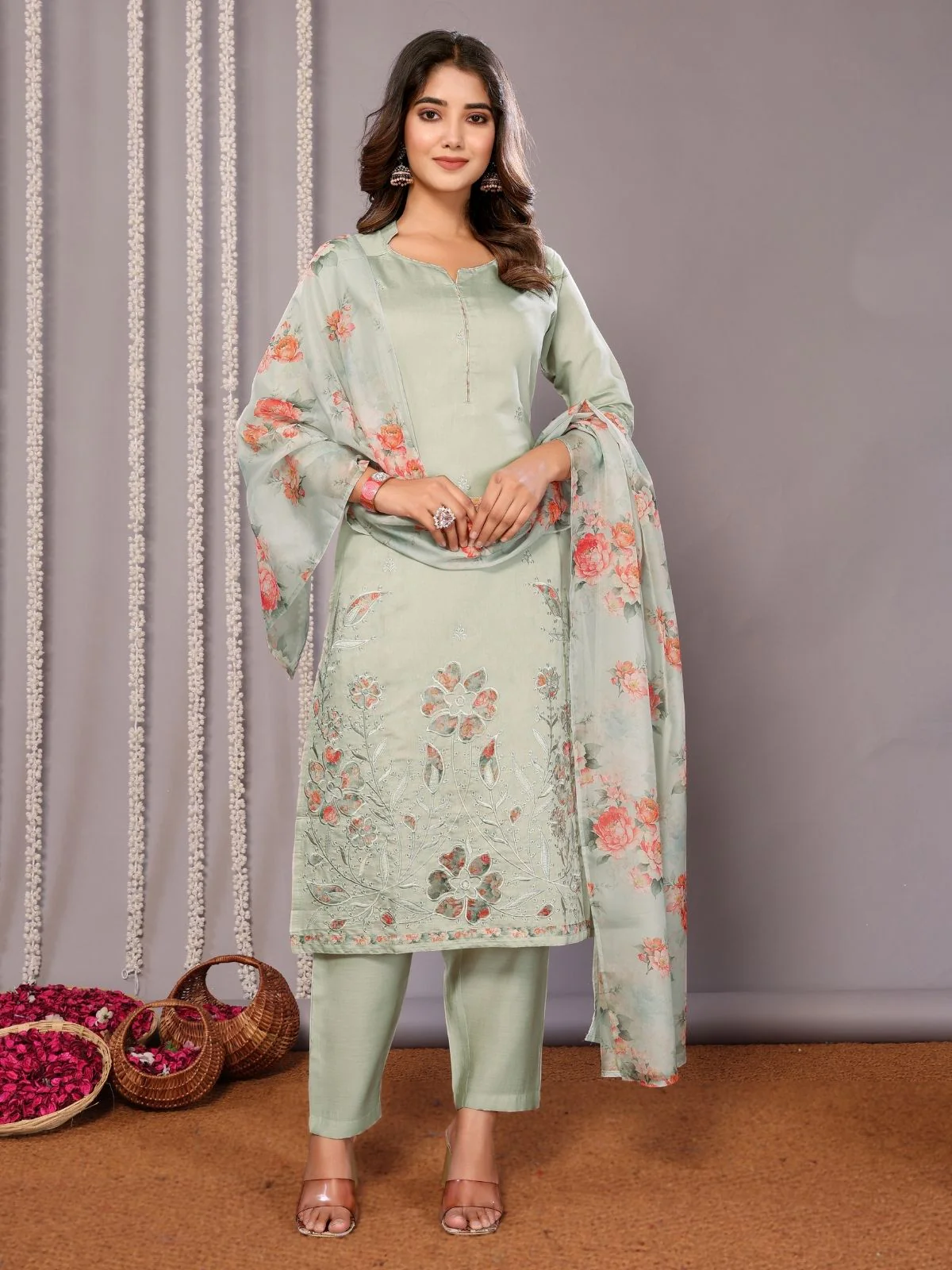 Odette Light Green Silk Blend Embroidered Stiched Kurta Set For Women