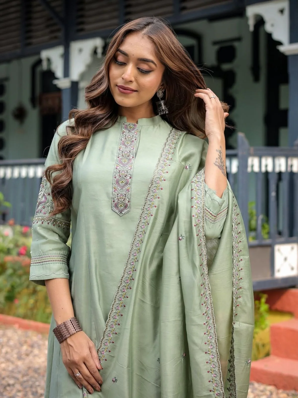 Odette Light Green Silk Blend Embroidered Stitched Kurta Set For Women - Image 3