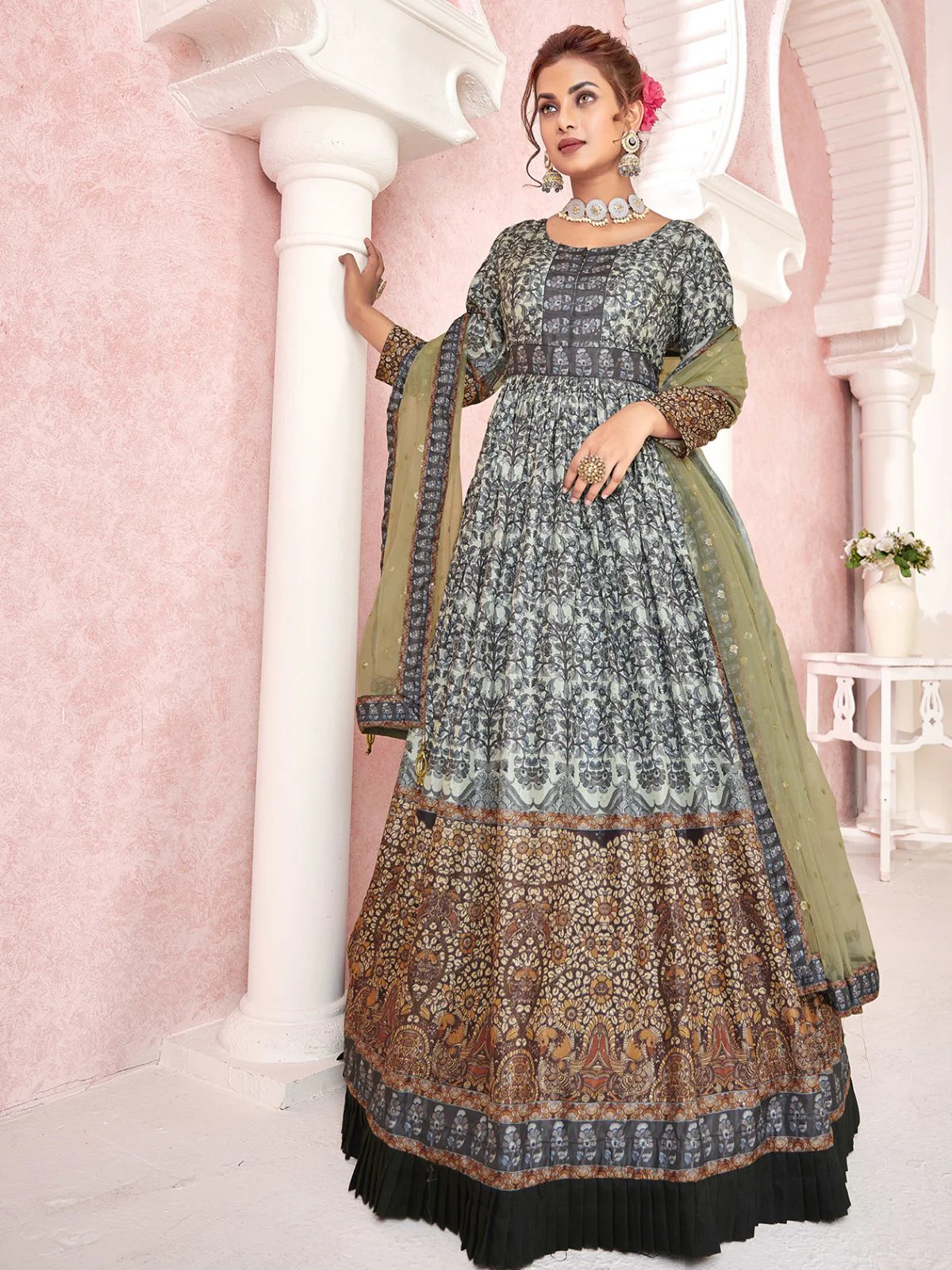 Odette Light Green Silk Blend Printed  Gown with Dupatta For Women - Image 2