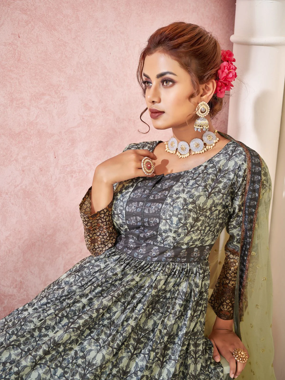 Odette Light Green Silk Blend Printed  Gown with Dupatta For Women - Image 3
