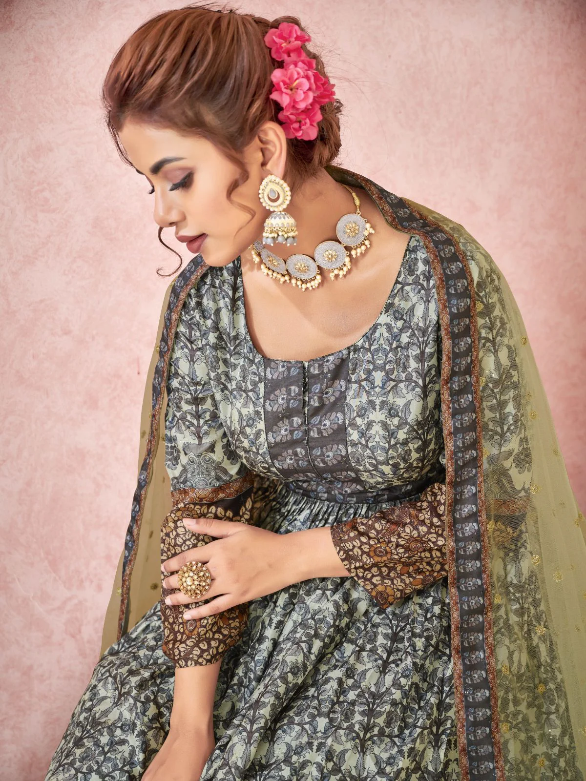 Odette Light Green Silk Blend Printed  Gown with Dupatta For Women - Image 4