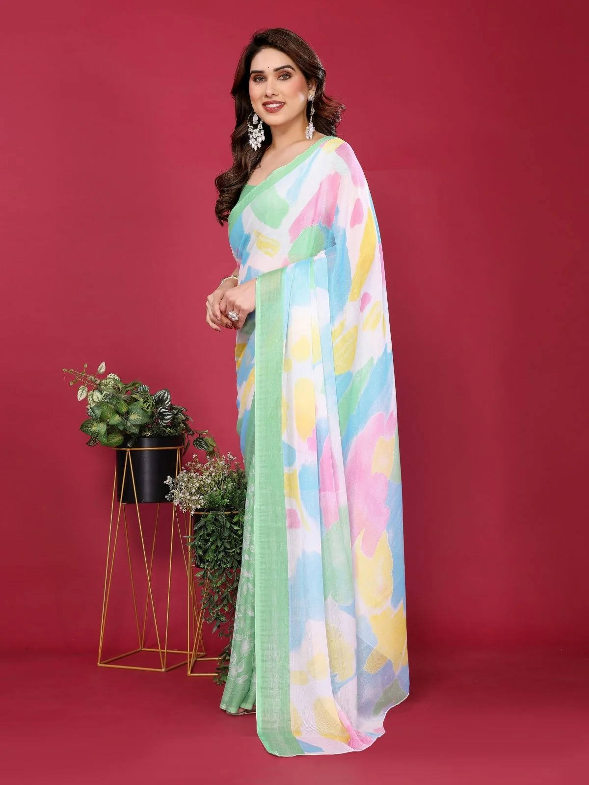 Odette Light Green Silk Blend Printed Saree For Women - Image 2