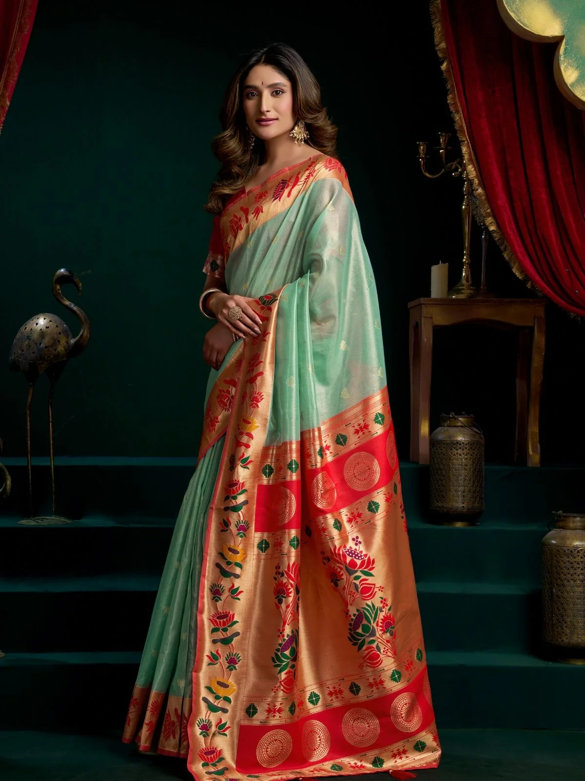Odette Light Green Silk Blend Woven Saree For Women - Image 2