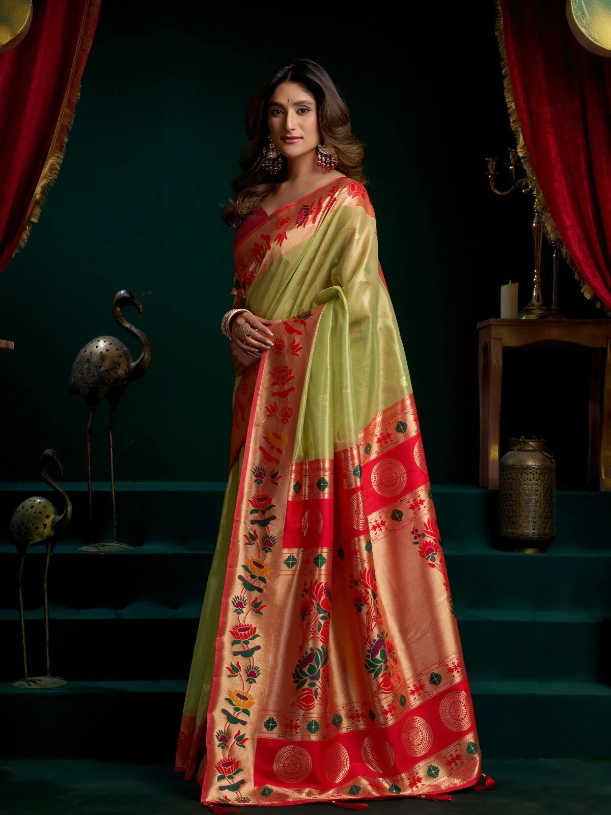 Odette Light Green Silk Blend Woven Saree For Women - Image 2