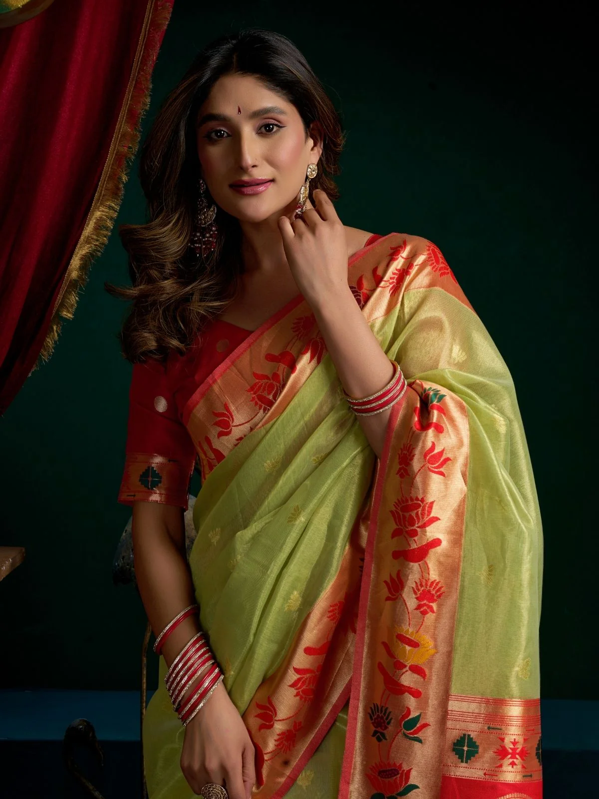 Odette Light Green Silk Blend Woven Saree For Women - Image 5