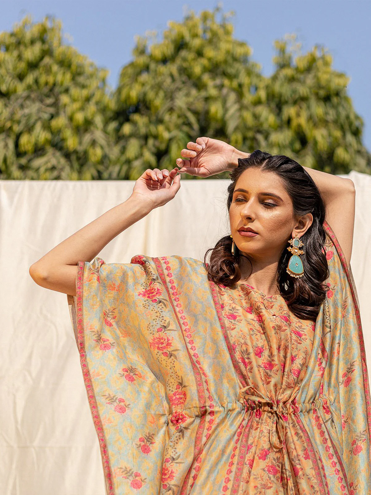 Odette Light Green Silk Printed Stitched Indo Western Kaftan For Women - Image 5