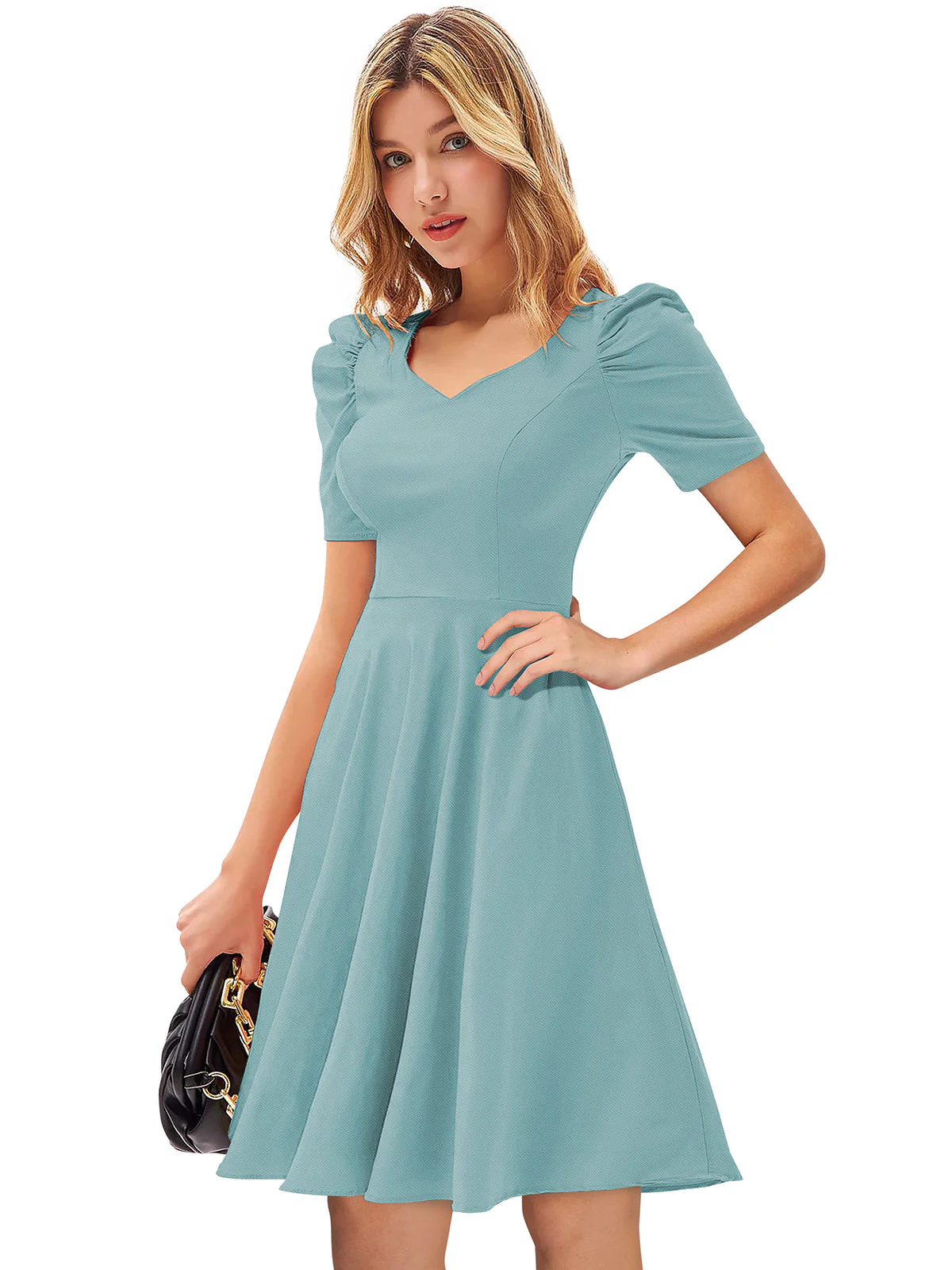 Odette Light Blue Knit Fabric Skater Dress For Women - Image 3