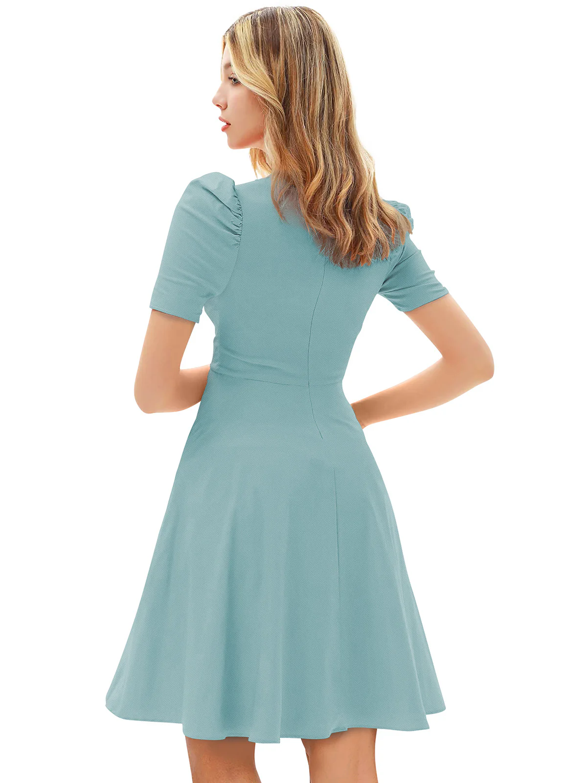 Odette Light Blue Knit Fabric Skater Dress For Women - Image 4