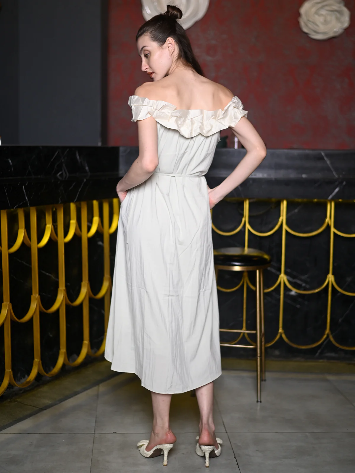 Odette Light Green Polyester Solid Western Dress for Women - Image 3