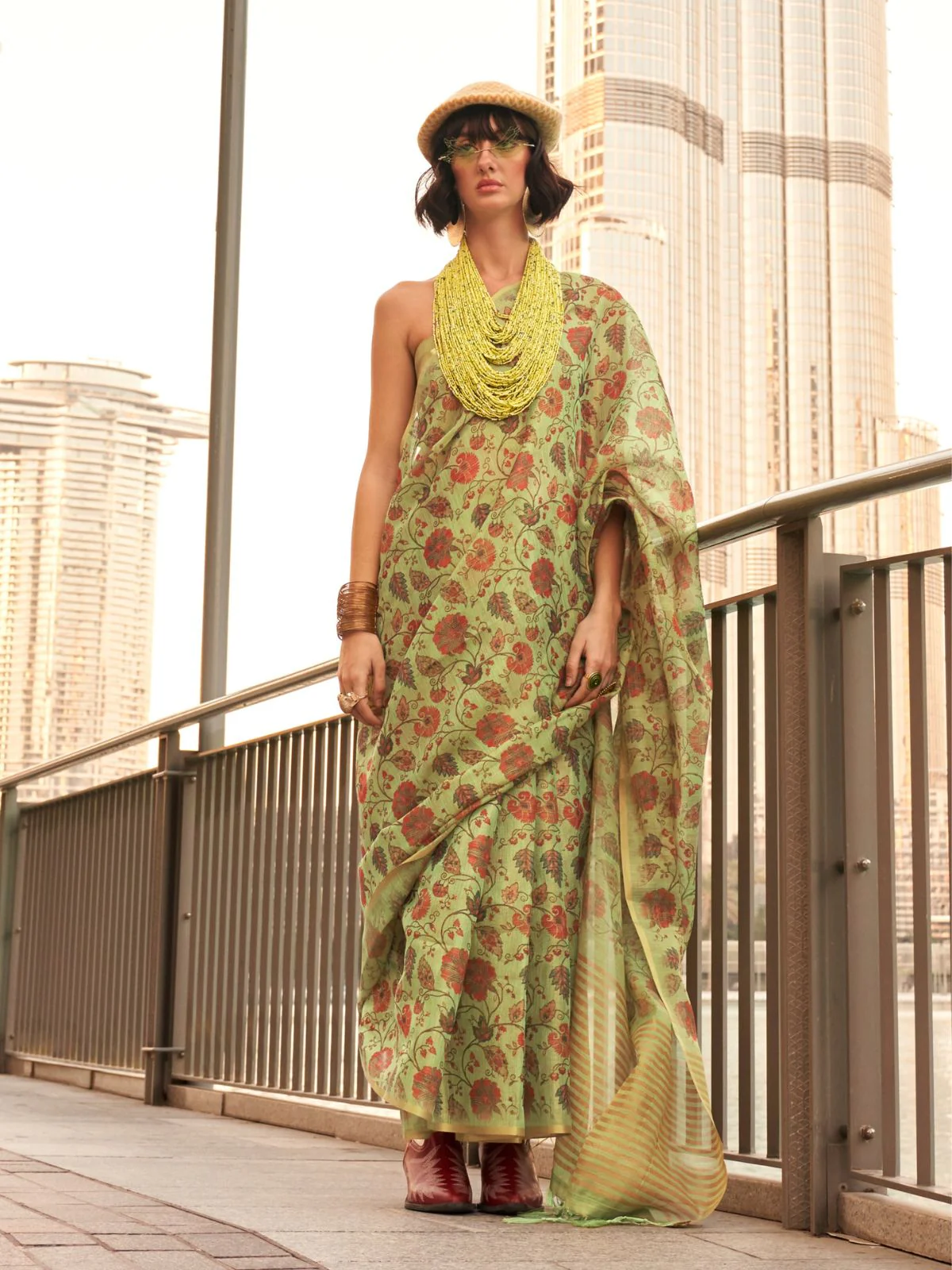 Odette Light Green Tissue Printed Saree With Unstitched Blouse For Women - Image 2