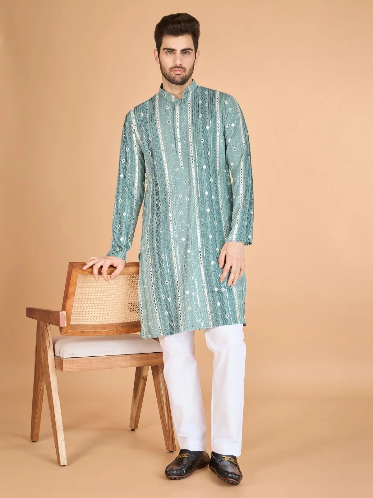 Odette Light Green Viscose Rayon Embroidered Stitched Kurta For Men - Image 2