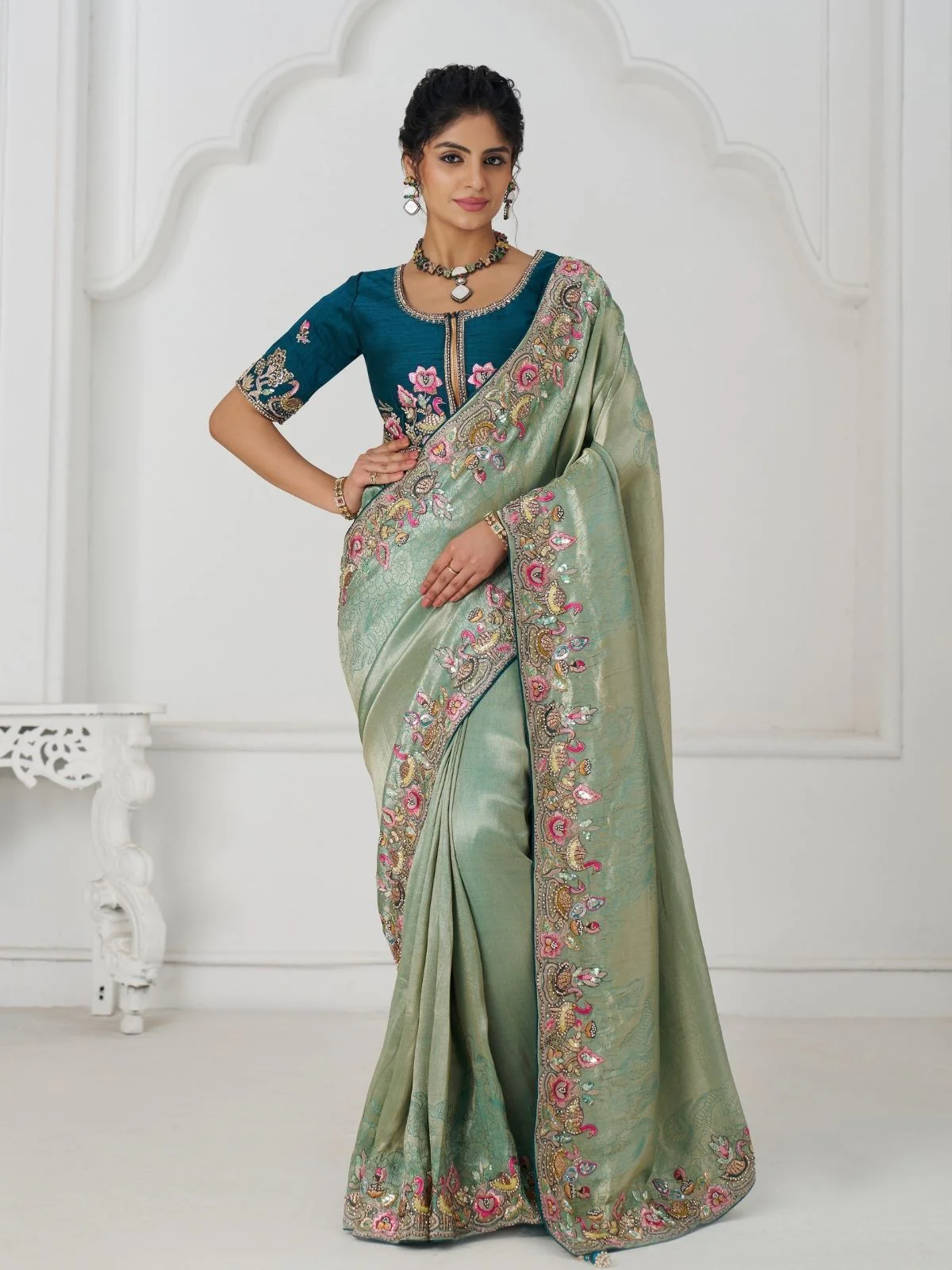 Odette Light Green Viscose Silk Embroidered Saree For Women