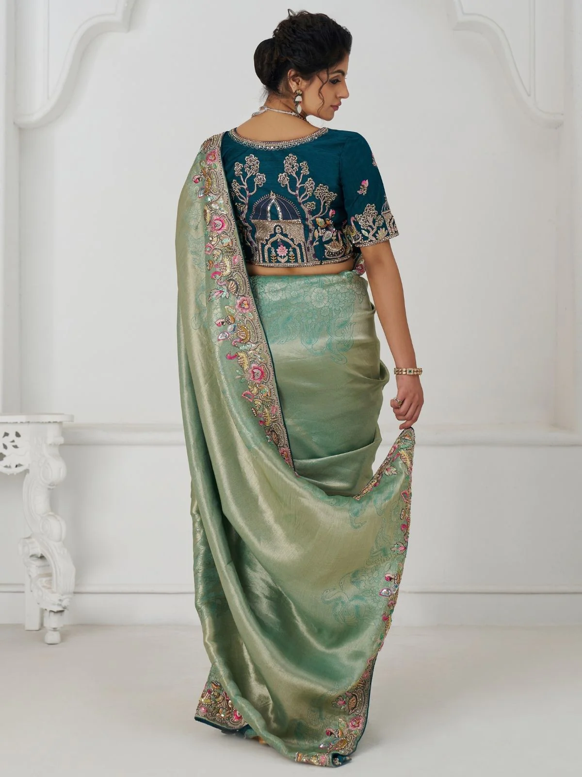 Odette Light Green Viscose Silk Embroidered Saree For Women - Image 4