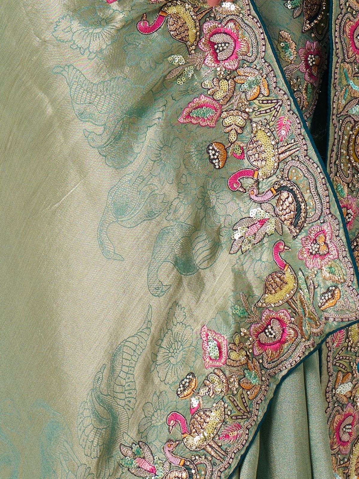 Odette Light Green Viscose Silk Embroidered Saree For Women - Image 6