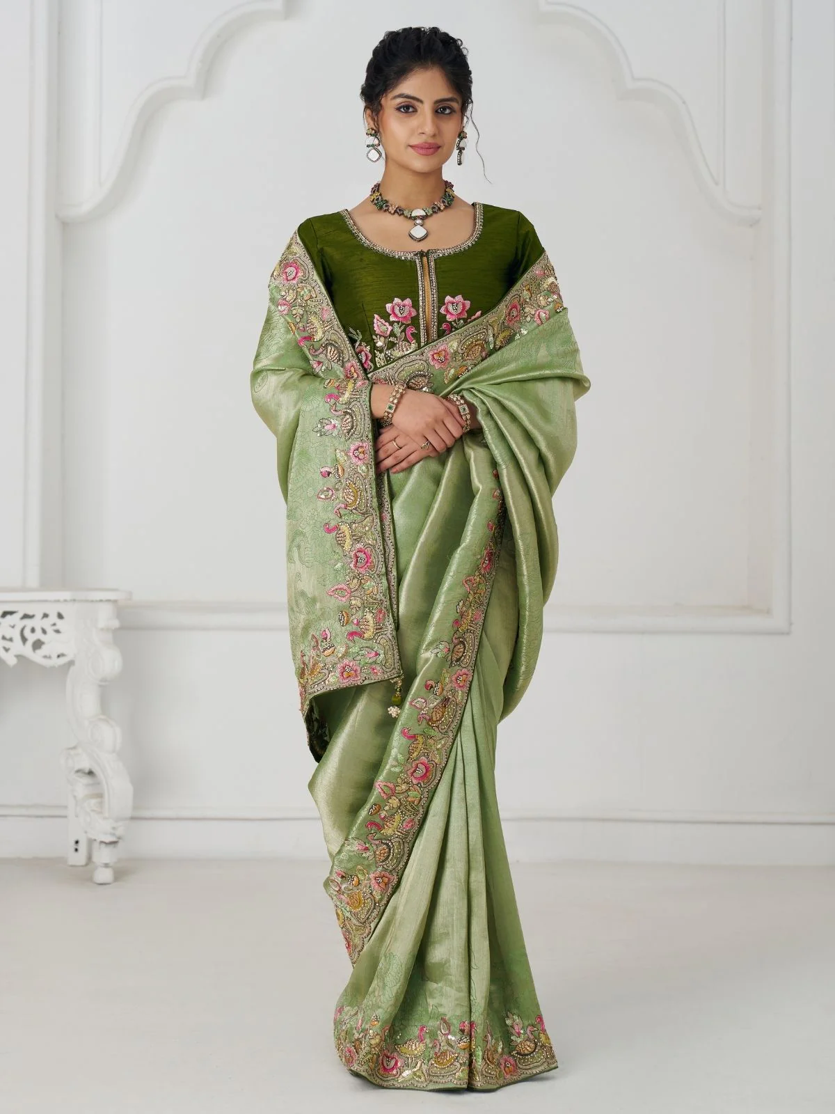 Odette Light Green Viscose Silk Embroidered Saree For Women