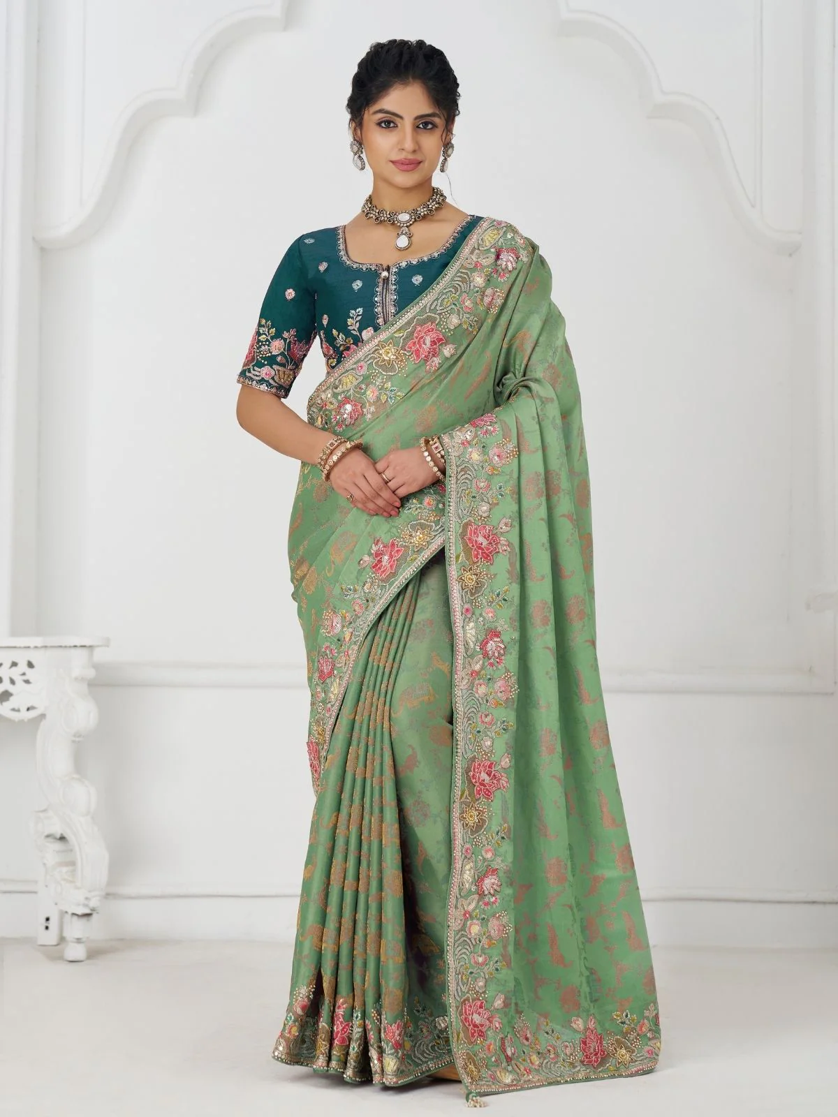 Odette Light Green Viscose Silk Embroidered Saree For Women