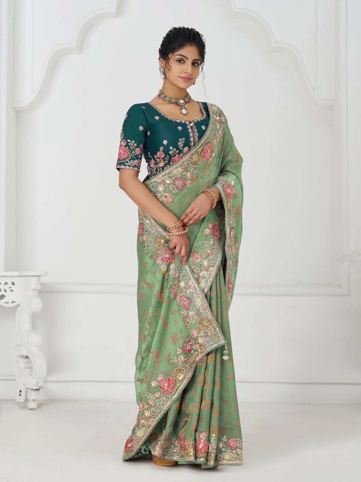Odette Light Green Viscose Silk Embroidered Saree For Women - Image 2