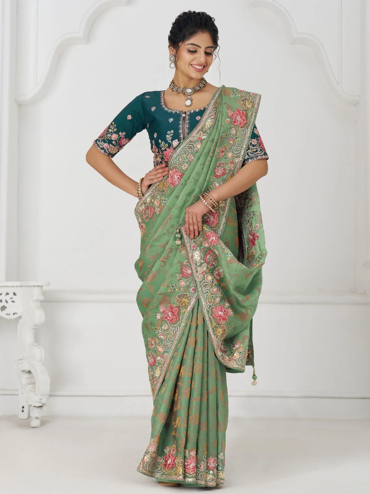 Odette Light Green Viscose Silk Embroidered Saree For Women - Image 3