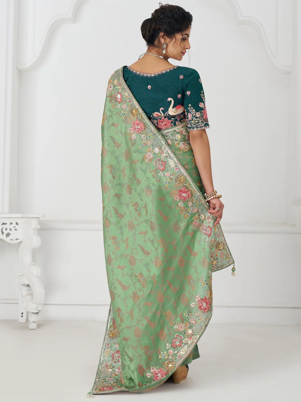 Odette Light Green Viscose Silk Embroidered Saree For Women - Image 4