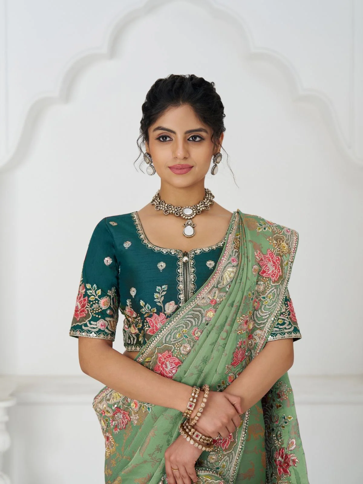 Odette Light Green Viscose Silk Embroidered Saree For Women - Image 5
