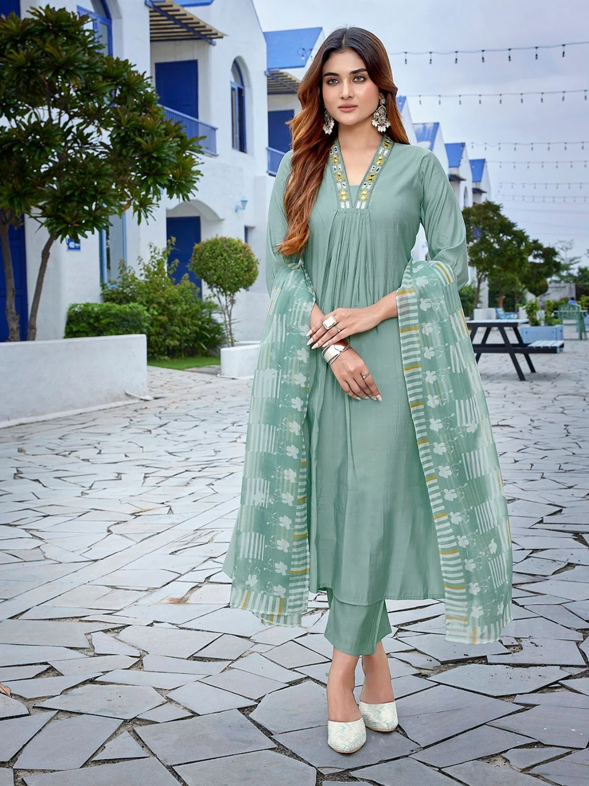 Odette Light Green Viscose Solid Stiched Kurta Set For Women