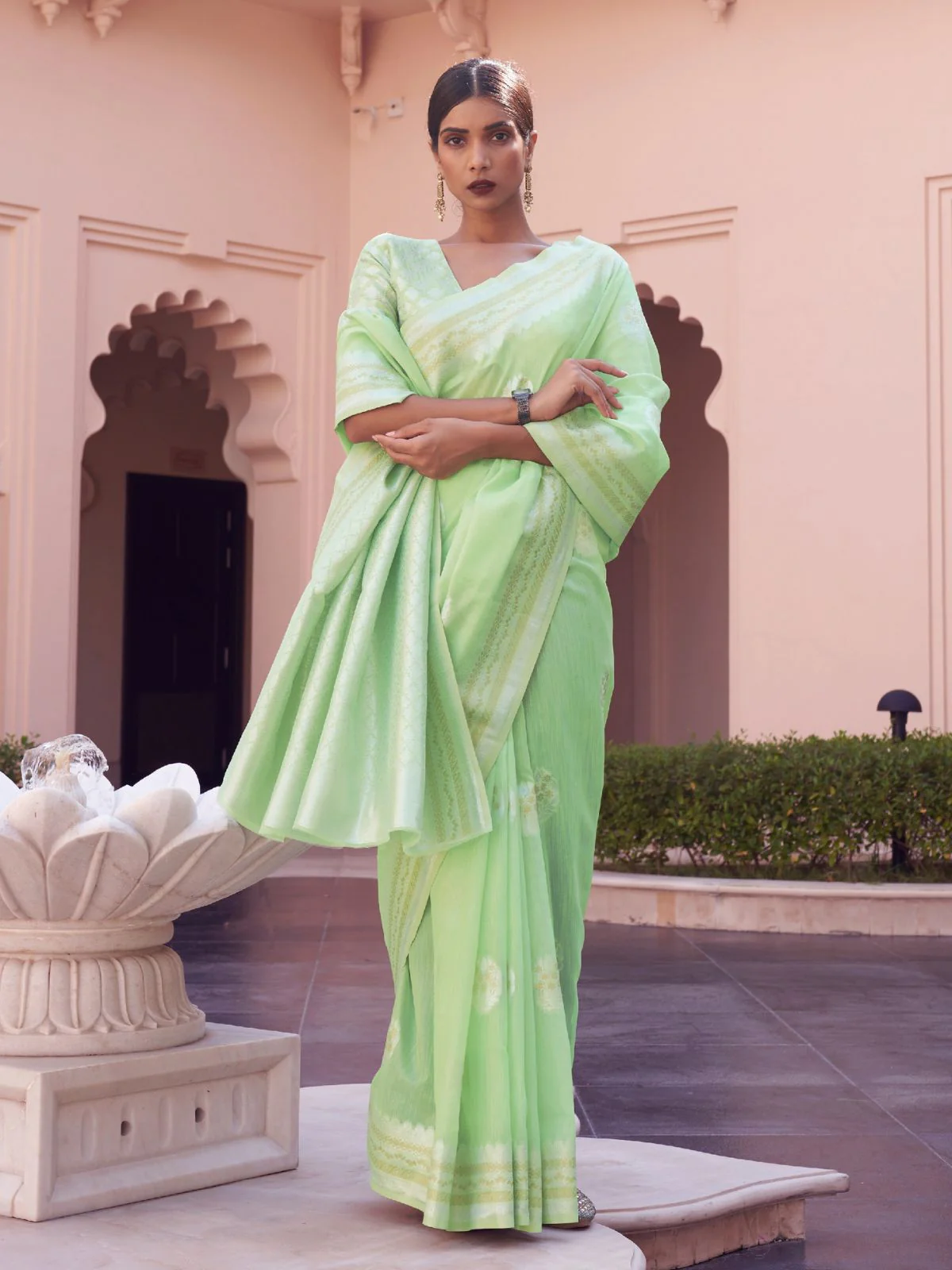 Odette Light Green Woven Design Linen Saree With Unstitched Blouse For Women