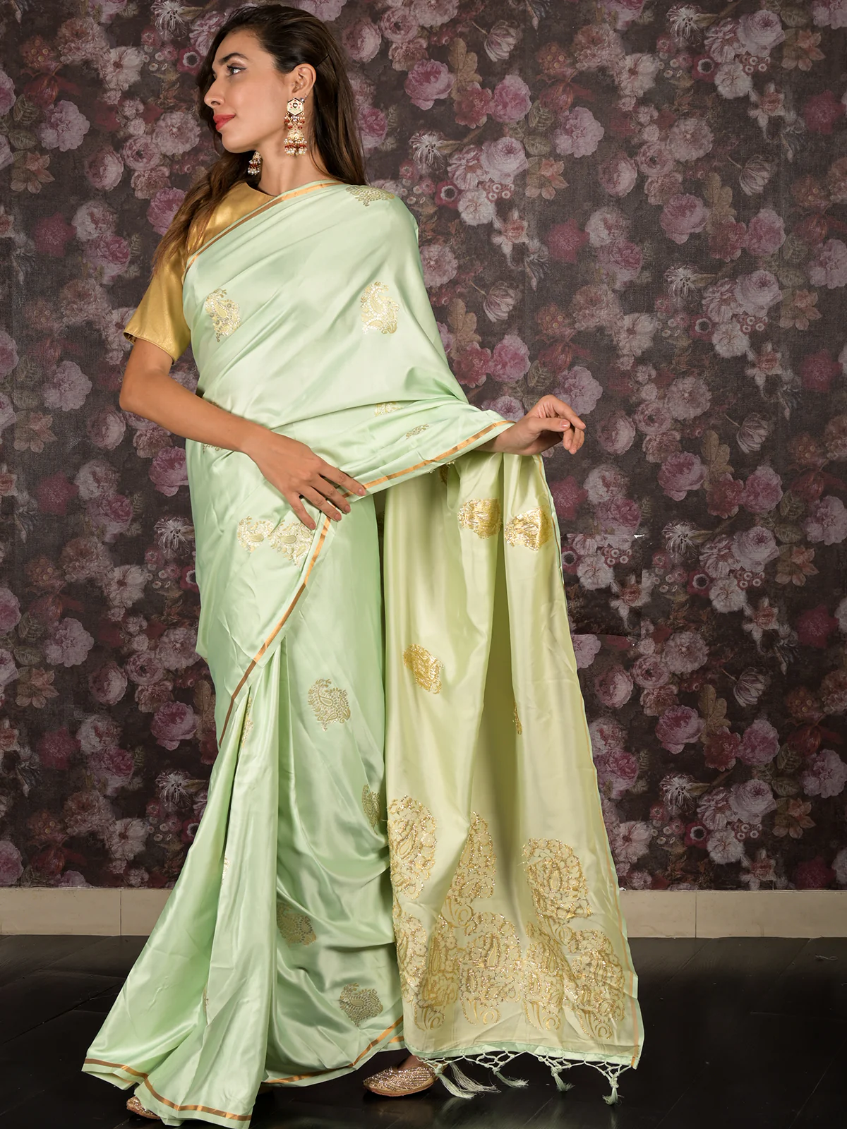 Odette Light Green Woven Satin Saree With Unstitched Blouse For Women - Image 3