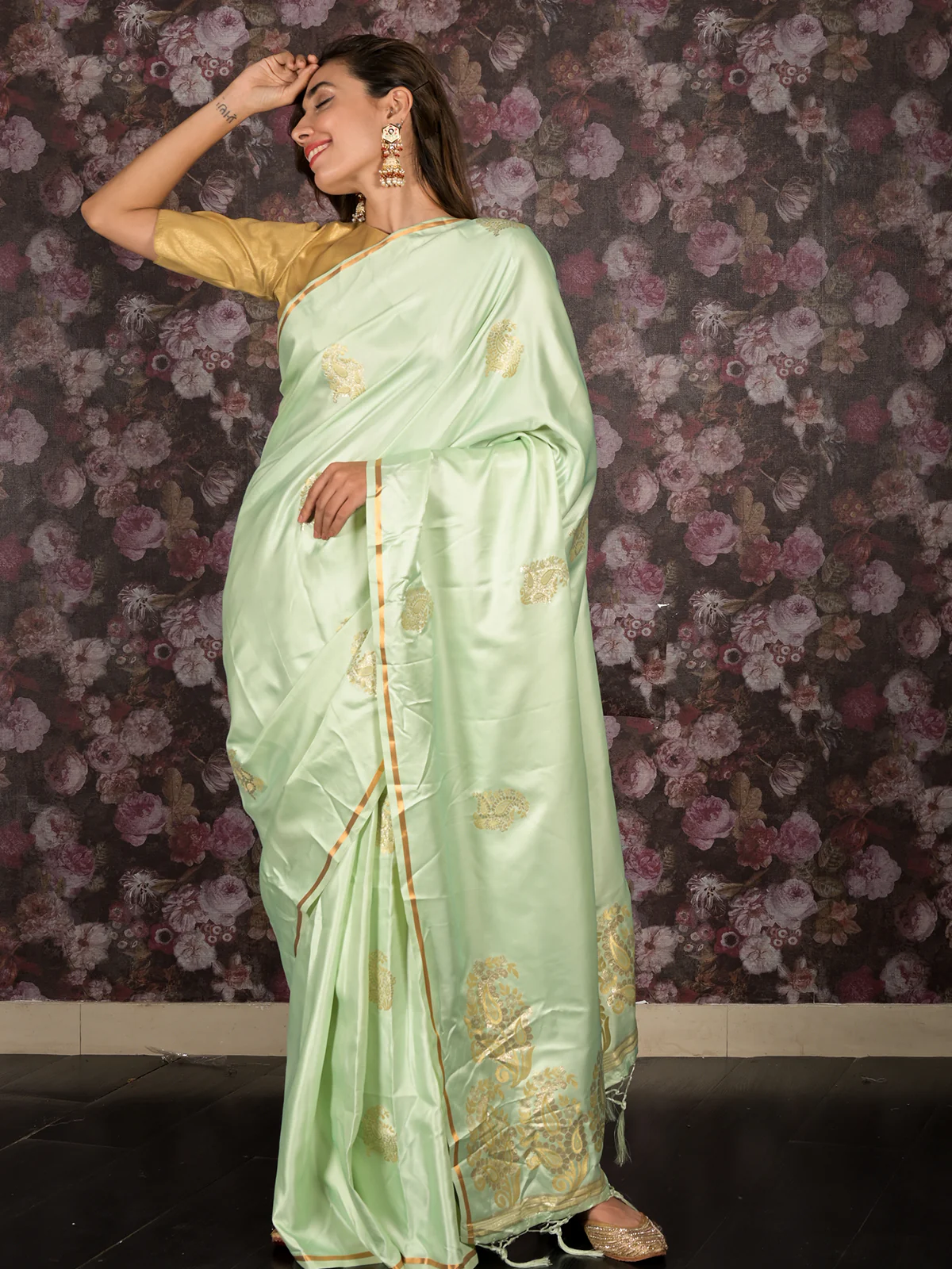 Odette Light Green Woven Satin Saree With Unstitched Blouse For Women - Image 4