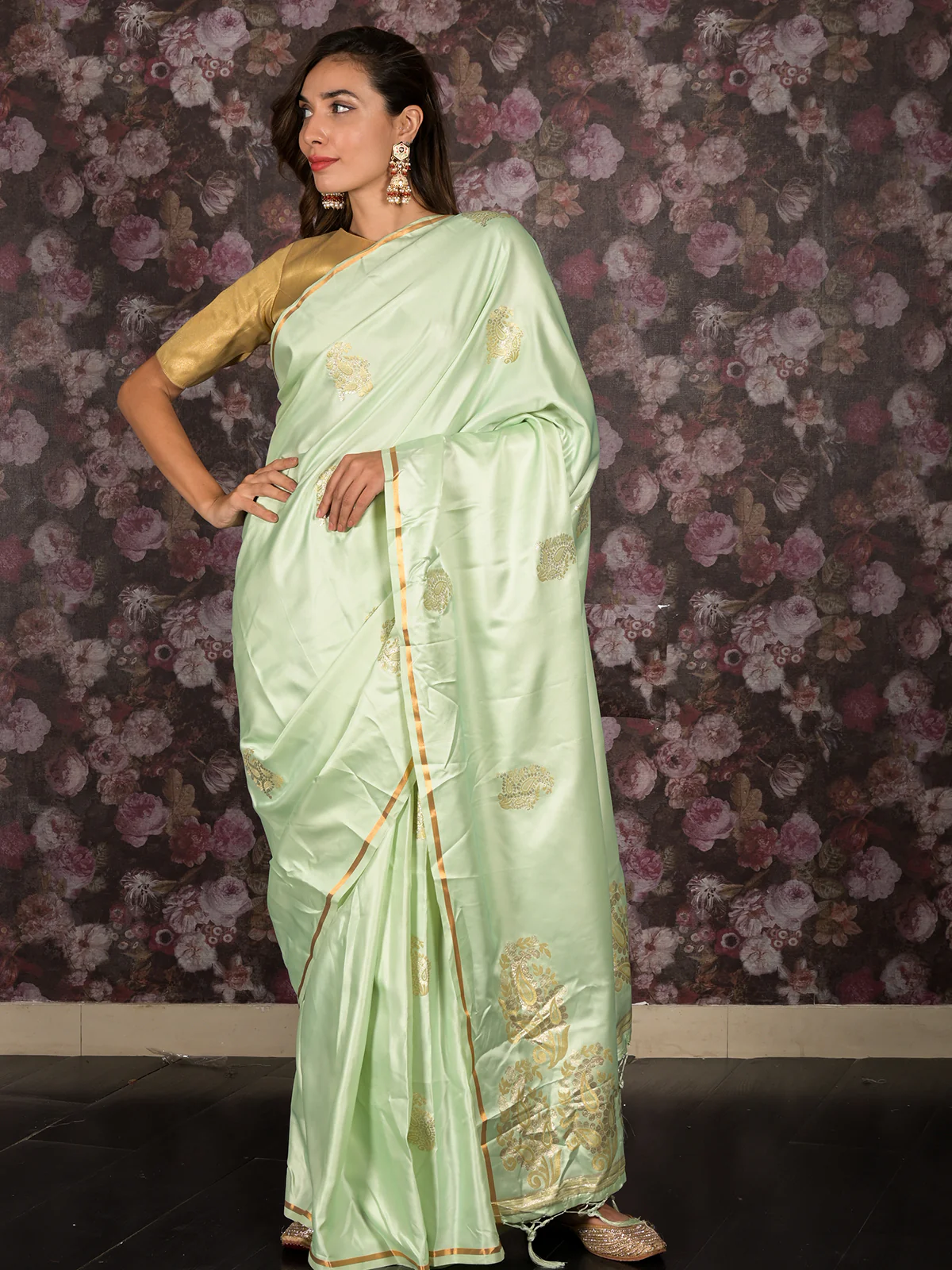 Odette Light Green Woven Satin Saree With Unstitched Blouse For Women - Image 5