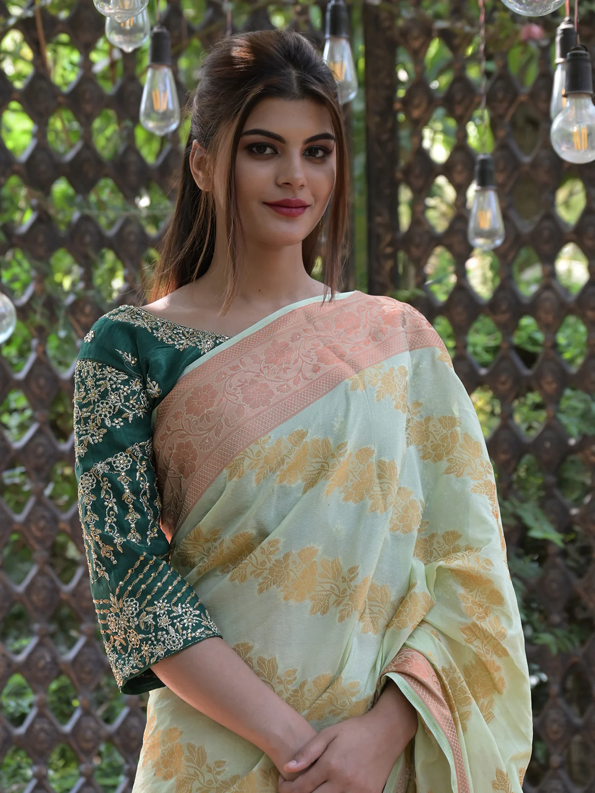Odette Light Green Woven Soft Silk Saree with Unstitched Blouse for Women - Image 4
