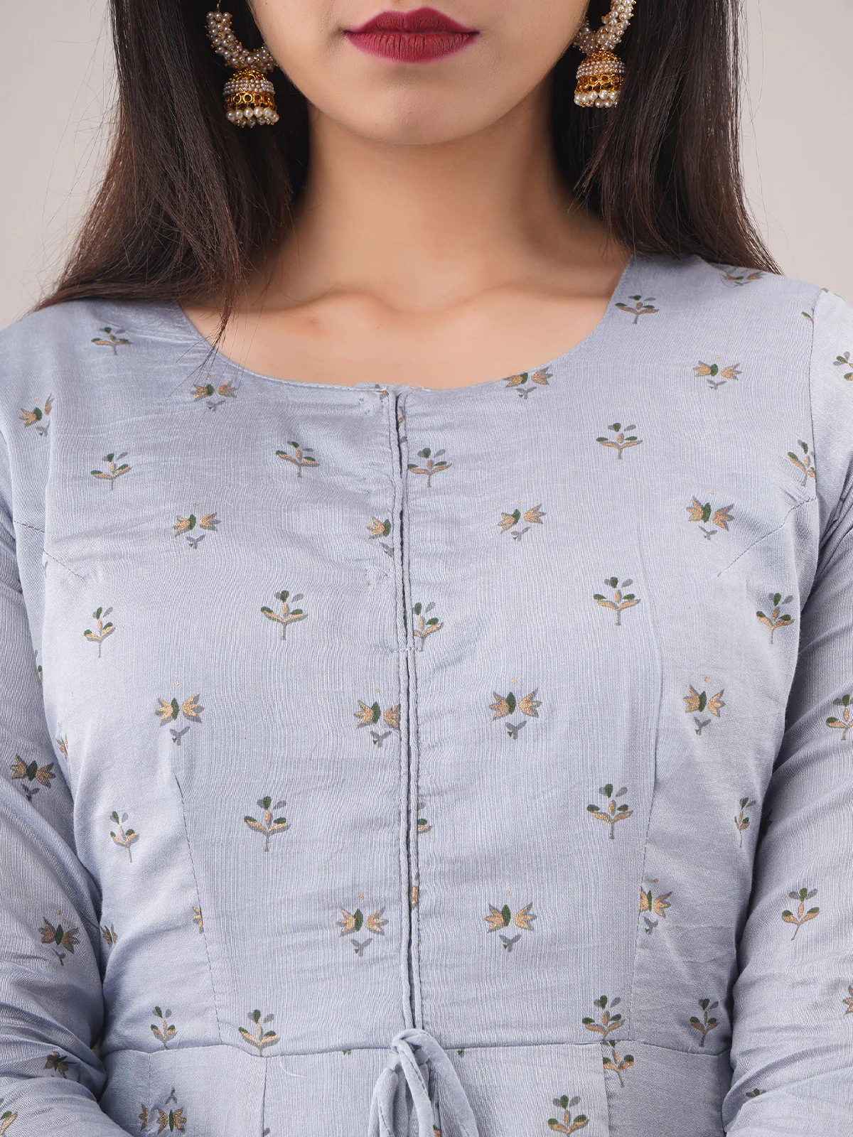 Odette Light Grey Chanderi Printed Stitched Gown for Women - Image 3