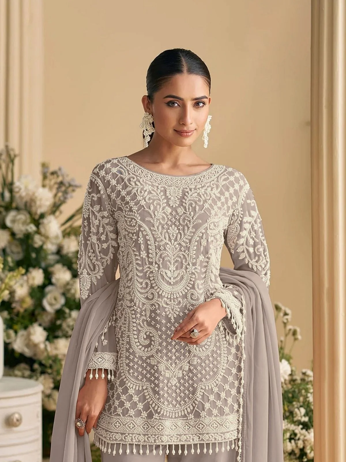 Odette Light Grey Georgette Embellished Semi Stitched Kurta Set For Women - Image 2