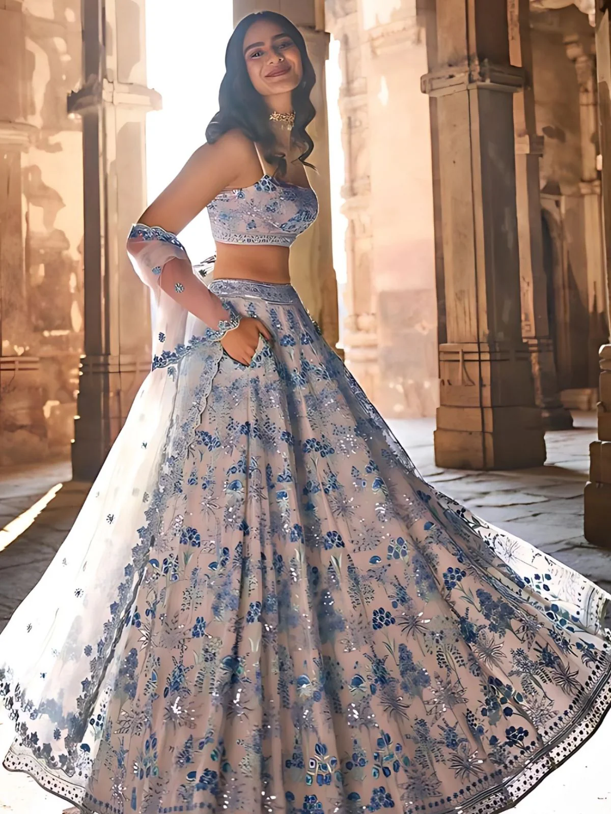 Odette Light Grey Georgette Embroidered Semi-Stitched lehenga For Women - Image 3