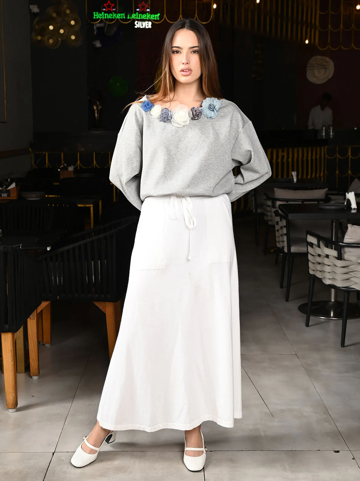 Odette Light Grey Heavy Jersey Floral Neck Top For Women