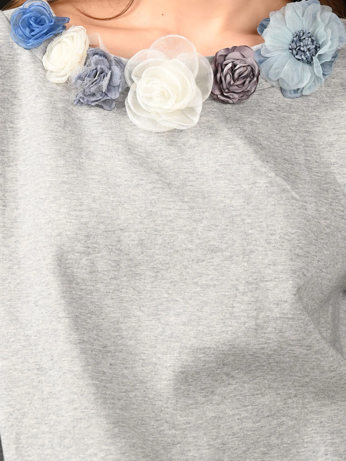 Odette Light Grey Heavy Jersey Floral Neck Top For Women - Image 5