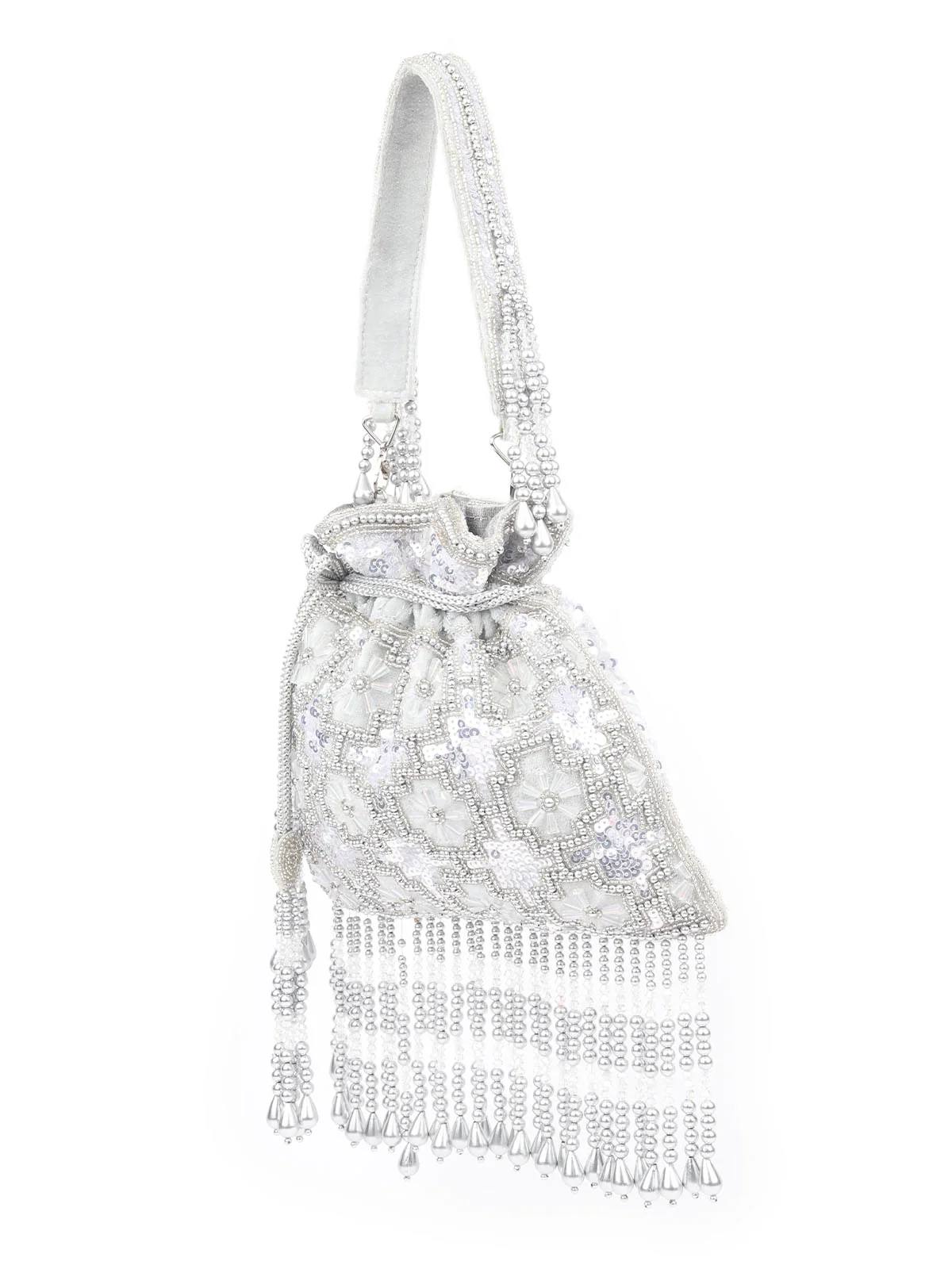 Odette Light Grey Velvet Metallic Sequins and Bead Work potli For Women - Image 4