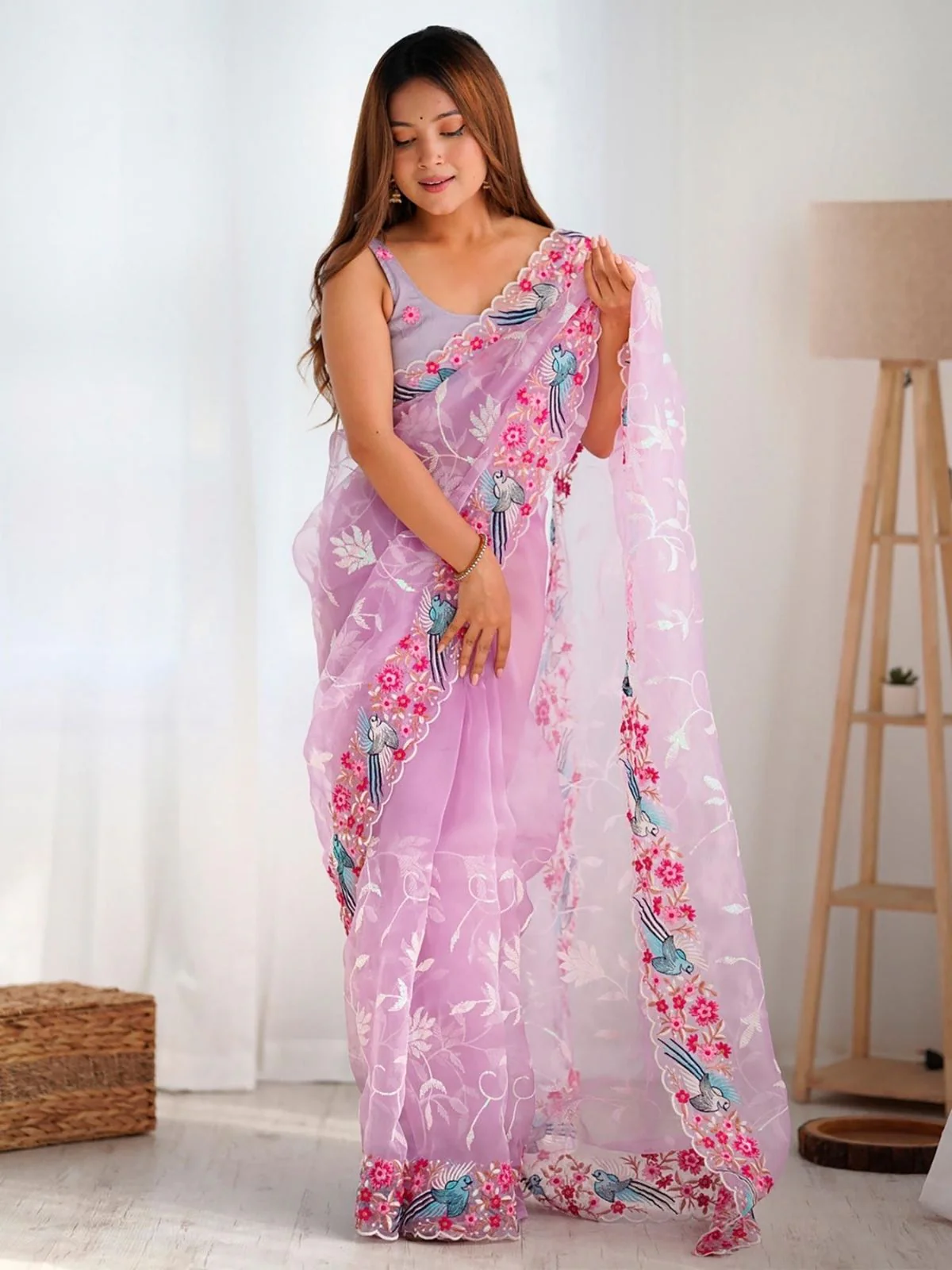 Odette Light Lavender Organza Embroidered Solid Saree For Women