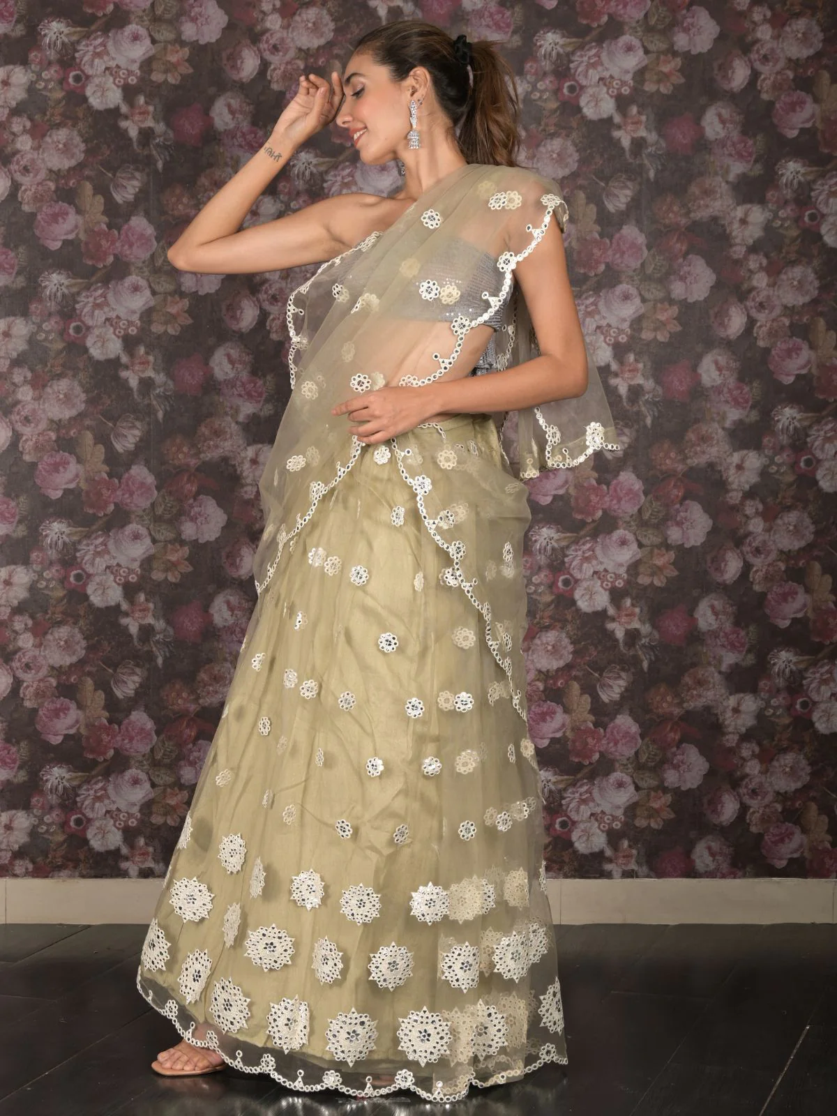 Odette Light Olive Foil Mirror Embroidered Net Semi-Stitched Lehenga with Unstitched Blouse for Women - Image 3