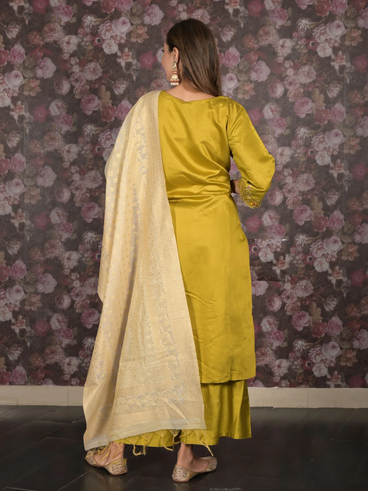 Odette Light Olive Sequins Embroidered Cotton Blend Stitched Kurta Set for Women - Image 4