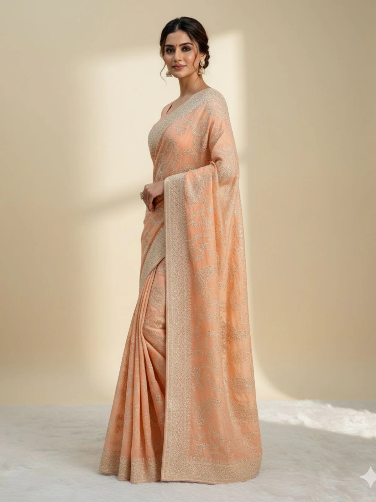 Odette Light Orange Organza Embroidered Solid Saree For Women - Image 2