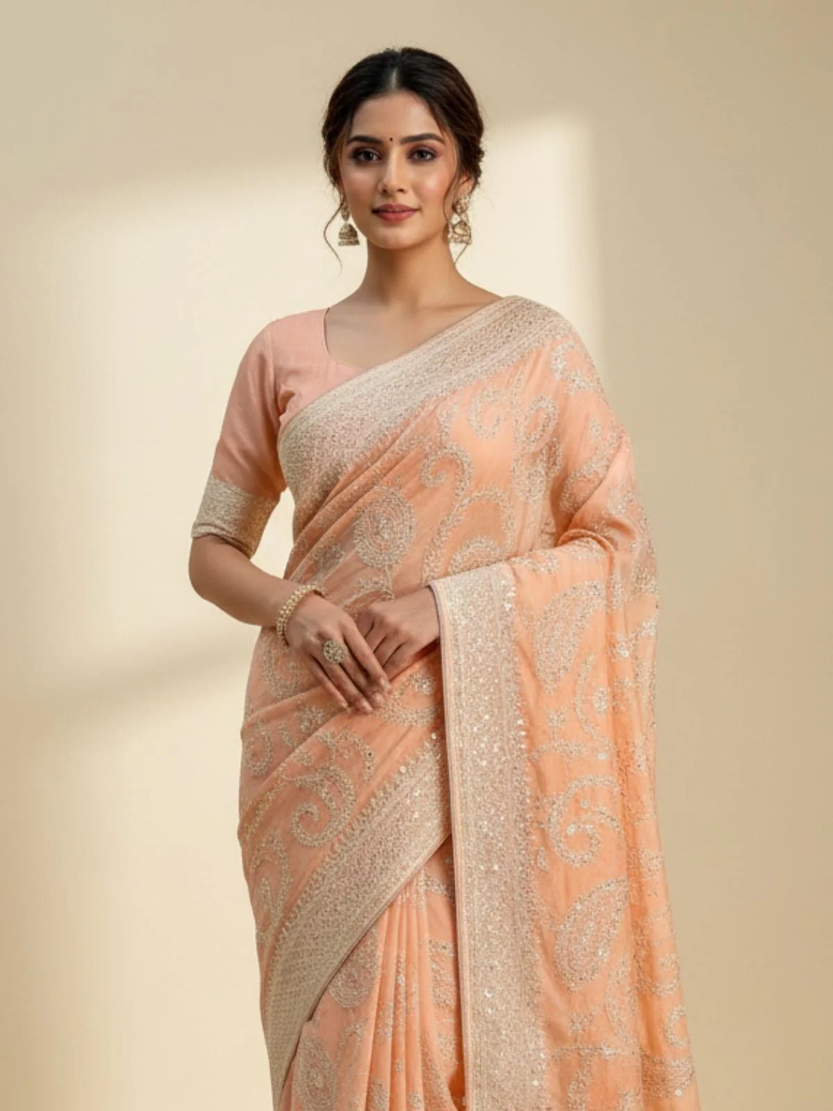 Odette Light Orange Organza Embroidered Solid Saree For Women - Image 3